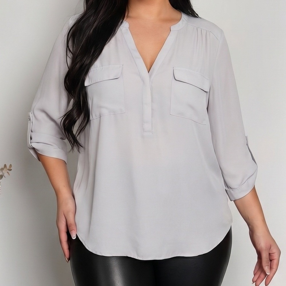 Torrid Harper Blouse Light Grey Georgette Roll Tab 3/4 Sleeve Top Plus Size 0X